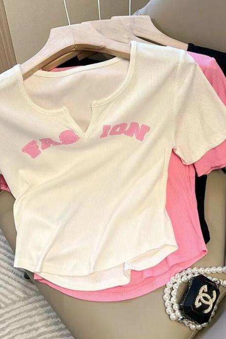 Letter T Shirt Korean Style Crop Top Women Y2k Summer Short Sleeve Tees Female Tshirt American Retro V-neck T-shirt Clothes