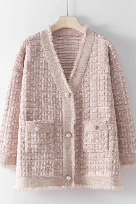 Spring Autumn Plaid Knitted Cardigan Sweater Women Sweaters Loose Knit Sweater Coat Pocket Casual Jumper Outerwear Top