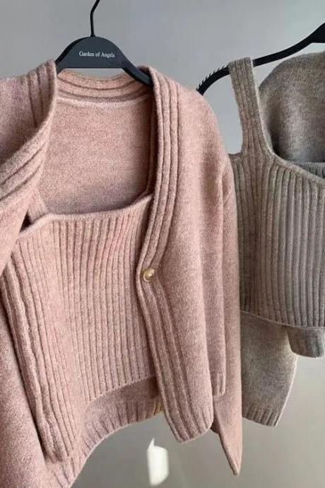 Autumn Winter Women With Camis Crop Knitted Cardigan Sweater Jumper 2 Piece Tops