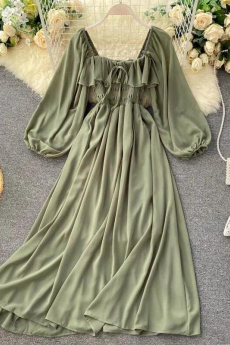 Chic Elegant Square Collar Maxi Dress Women Solid Chiffon Puff Sleeve Dresses Korean Fashion Vintage Ruffle
