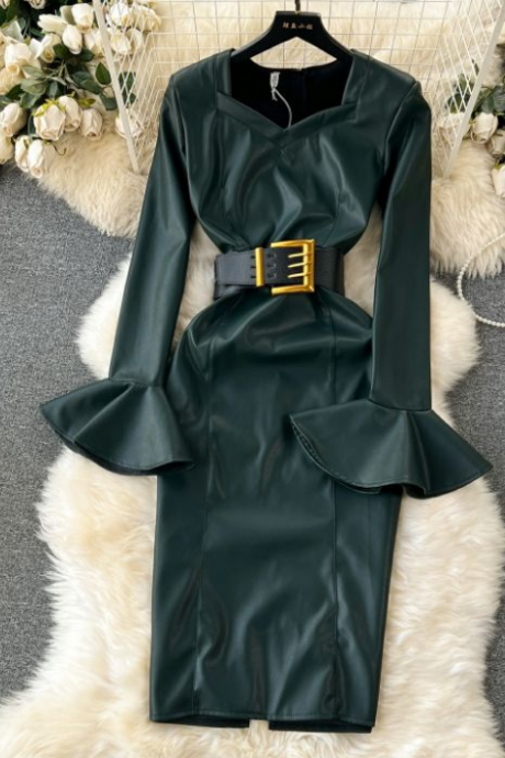 Pu Leather Horn Long-sleeved Dress Female 2023 High-end Socialite Waist Fashion Slit Dress