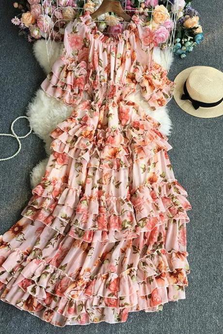 Floral Slash Collar Off The Shoulder Short Sleeve Dress Spring Summer Fashion Slim Printed Elegant Korean Women Dress