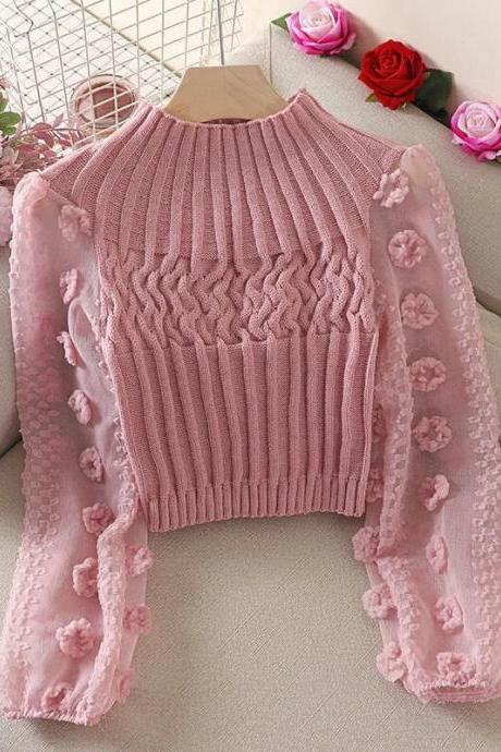 Autumn Women's Sweater Super Fairy Bubble Sleeve Mesh Stitching Crew Neck Tight Slim Short T-shirt