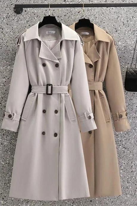 Spring Mid-length Double Breasted Women Trench Coat With Sashes Grey Khaki Casual Lapel Long Sleeve Female Windproof Jacket