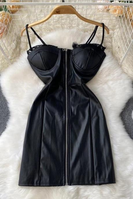 Zippers Women Bodycon Dress Pu Leather Vestido High Waist Sleeveless Mini Dresses Woman Clothing