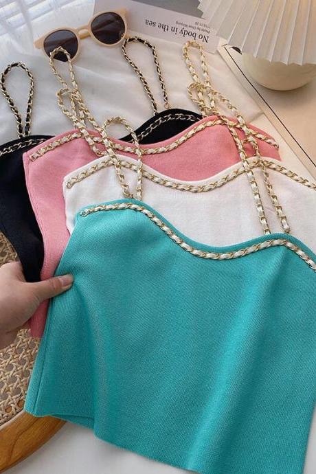 Women Chains Spaghetti Tops Solid Spaghetti Candy Knitted Female Sleeveless Camis Ruffled Crop Tops Spring Summer