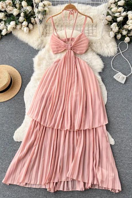 Sexy Halter Backless Cut Out Pleated Tiered Dress Retro A-line Chic Casual Beach Vacation Slip Dress Women Summer
