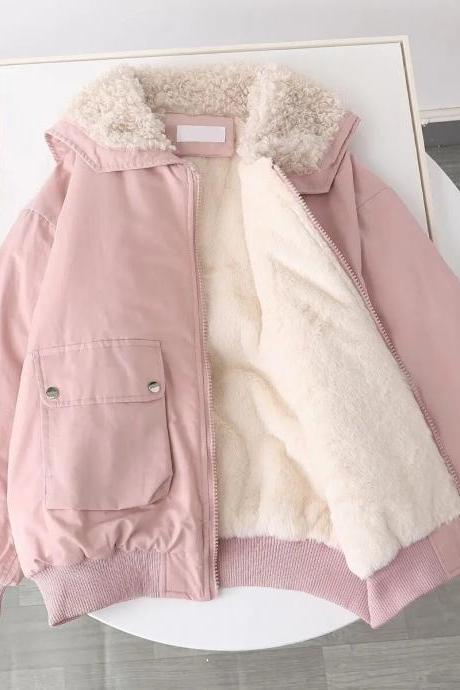 Autumn And Winter Plus Velvet Liner Candy-colored Tooling Women&amp;#039;s Loose Coat Collar Wool Collar Imitation Lamb Student Jacket