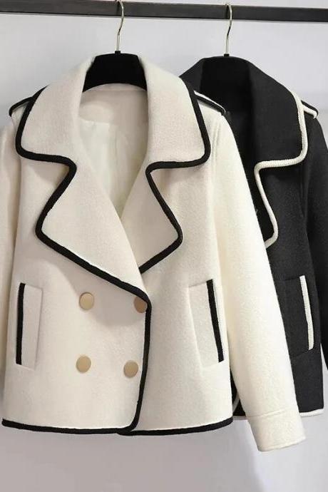 Autumn Winter Women's Woolen Coat New Fashion Solid Short Outerwear Loose Double Breasted Woolen Jacket Female Streetwear