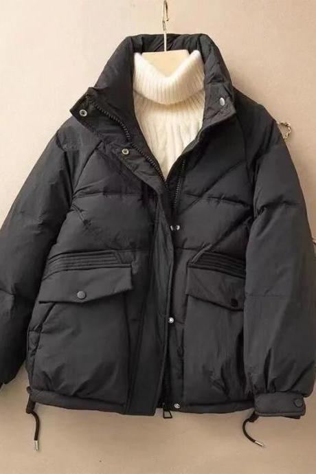 Winter Coat Women Cotton Jacket Zipper Loose Coats Female Solid Thick Parka Windproof Jackets Outwear Black Clothes