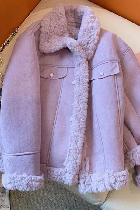 Women&amp;#039;s Lamb Wool Single-breasted Thick Warm Chic Jacket, Elegant Overcoat, Loose, Fur One, Autumn, Winter,
