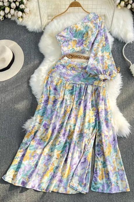 Women Summer Retro Floral Print Pleated Elegant Chiffon Dress A-line Diagonal Collar Casual High Waist Dress Vestidos