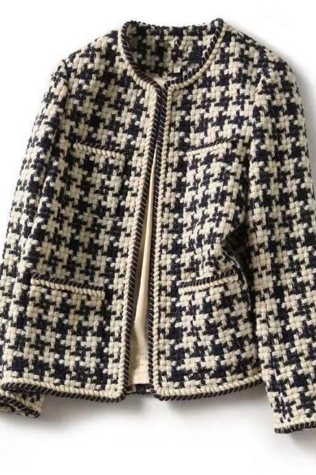 Vintage Houndstooth Tweed Blended Jackets For Women Jacket Short Coat Korean Fashion Long Sleeve Winter Thickening Clothes