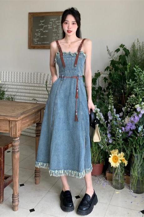 Korean Vintage Classic Simple Summer Fashion Casual Sweet Loose Temperament Versatile Chic High Waist Denim Strap Dress