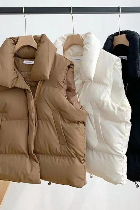 Down Tank Top Sleeveless Women's Winter Zipper Coat Warm Down Coat Lightweight Standing Collar Cotton Pocket