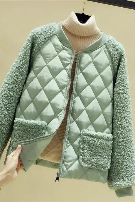 Women's Short Thin Cotton Coat Loose Imitation Lamb Wool Stitching Cotton Padded Jacket Winter Plus Size Cotton Jacket