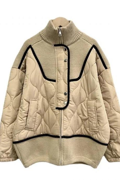Autumn Winter Stand Collar Women Patchwork Sweater Cotton Coat Korean Loose Splice Cotton Cardigans Jacket Warm Thin Tops