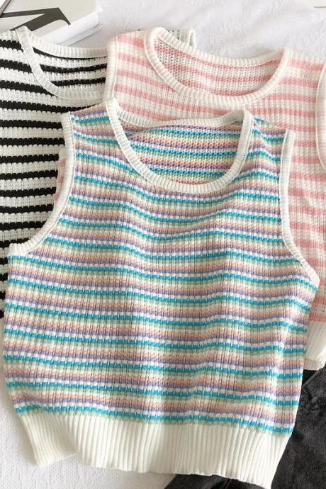 Striped Knitted Loose Tank Tops Woman Round Neck Sleeveless Tanks Sweet Style Korean Fashion Women Clothing Summer