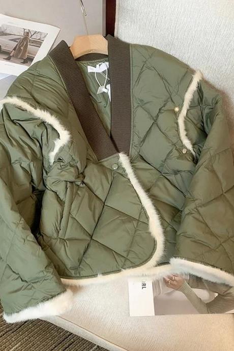 Woman Green Patchwork Jacket Oversize Autumn Winter Loose Coat Casual Cotton Padded Jacket Female Warm Outwear