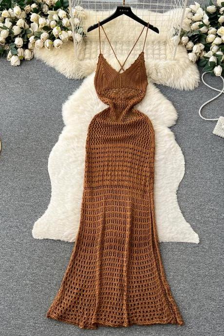 Vintage Crochet Hollow Slip Dress Bohemia Casual Beach Sundress Women Fashion Vacation Backless Sexy Elegant Vestidos