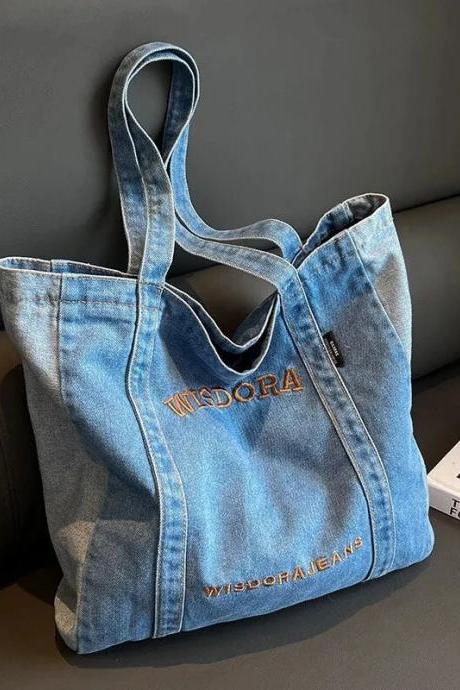 Women Letter Embroidery Jeans Bag Large Capacity Reusable Shopping Bag High Quality Casual Handbag Korean Harajuku Shoulder Bag
