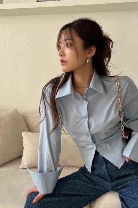 Korean Long Sleeve Shirt Women Sexy Strap Backless Chic Blouse Office Lady Slim Lace Up Turn Down Collar Casual Top - Women Shirt