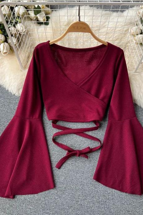 Burgundy Velvet Wrap Blouse With Bell Sleeves Crop Top