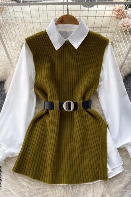 Women's Loose Long-sleeved White Shirt Top + Split Knit Vest Vest Two-piece Set With Belt