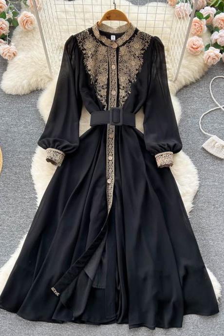 Long Sleeve Fall Dress Women's Niche Design Lace Patchwork Receive Waist Little Black Dress