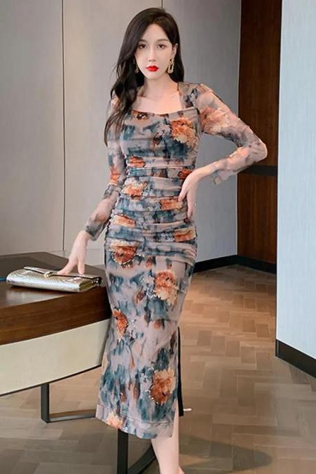 2023 Spring Midi Dresses for Women Elegant Vintage Sexy Print Floral