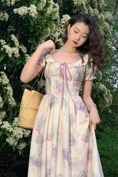 Romantic Pastel Floral Print Puff Sleeve Maxi Dress