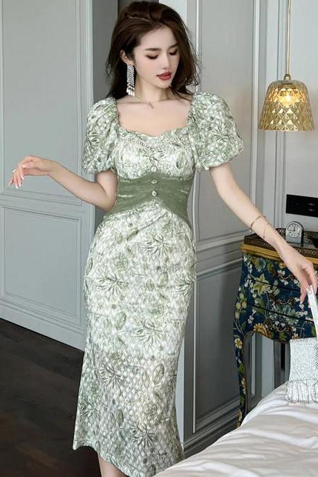 French Sweet Green Midi Dresses For Women Bubble Sleeve Tull Gauze