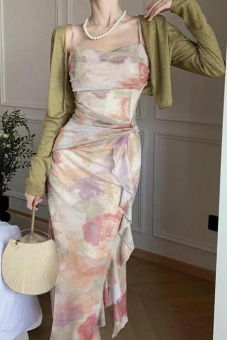 Summer Fashion 2023 Women Spaghetti Strap Elegant Midi Chiffon Dresses