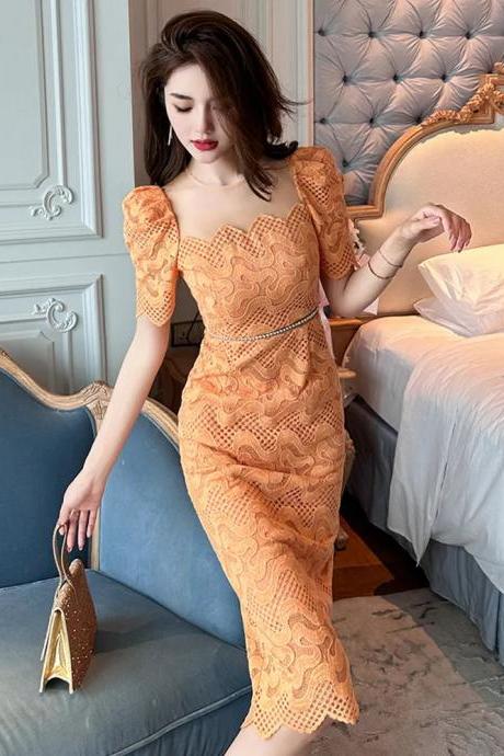 Enchanting Peach Lace Midi Dress With Puff Sleeves