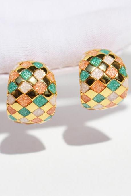 Original Quicksand Pearlescent Colored Enamel Checkerboard Earrings For Women Japanese Art C Stud Earrings Sterling Silver Needle