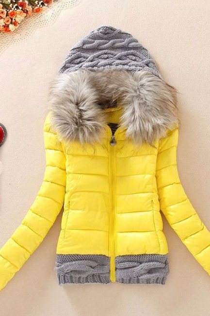 Autumn And Winter Foreign Trade Knitted Woolen Hat Splicing Large Wool Collar Cotton-padded Coat