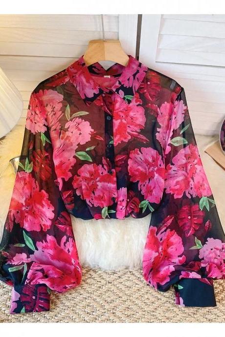 Women Autumn Shirt Design Sense Tulle Floral Polo Collar Shirt Design