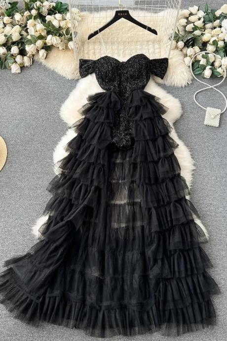Black Tiered Tulle Sequin Party Dress