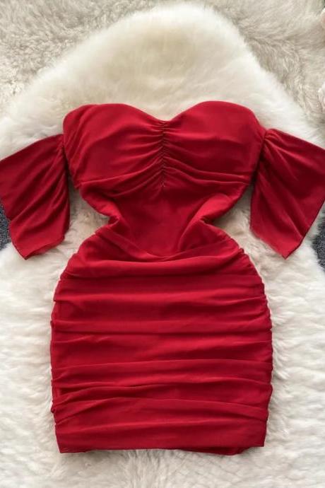 Romantic Red Satin Puff-sleeve Mini Dress