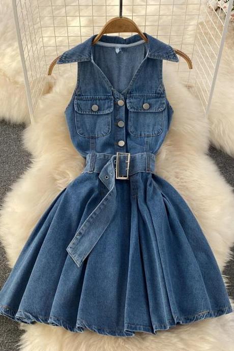 Vintage-inspired Denim Flare Dress With Belted Waist
