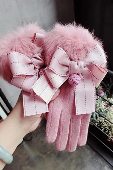 Womens Elegant Pink Faux Fur Bow-knot Winter Gloves
