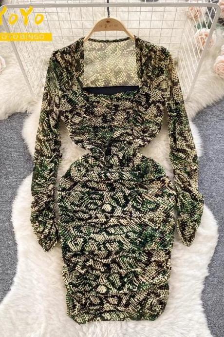 Elegant Long Sleeve Snake Print Ruched Mini Dress