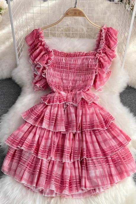 Womens Pink Plaid Puff Sleeve Dress With Bow Accent