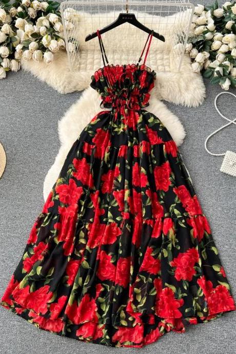 Elegant Strapless Red Floral Print Maxi Summer Dress