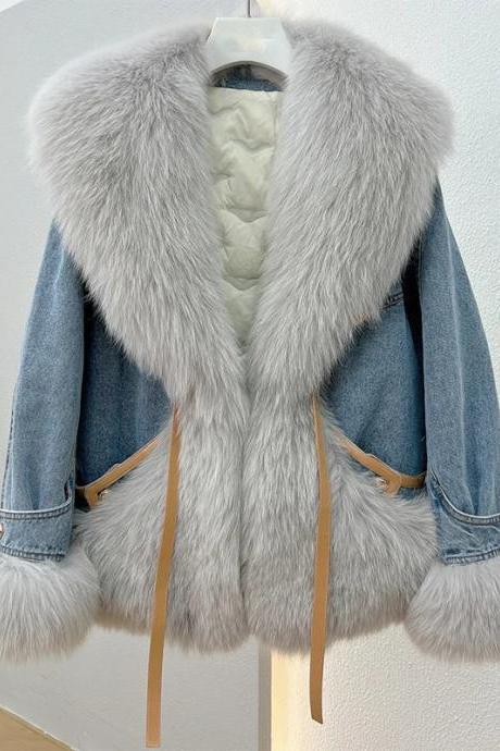 Luxurious Faux Fur Collar Denim Jacket With Pompoms