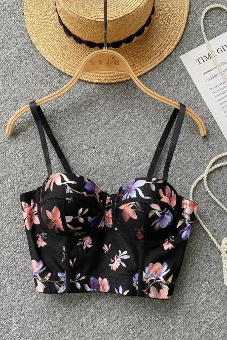 Womens Floral Print Bustier Crop Top Summer Camisole