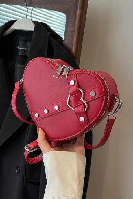 Chic Red Heart-shaped Crossbody Bag With Silver Accents