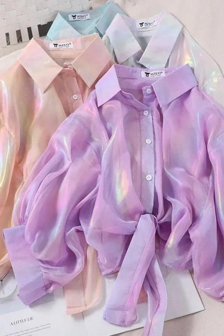 Holographic Sheer Organza Button-up Blouse Collection