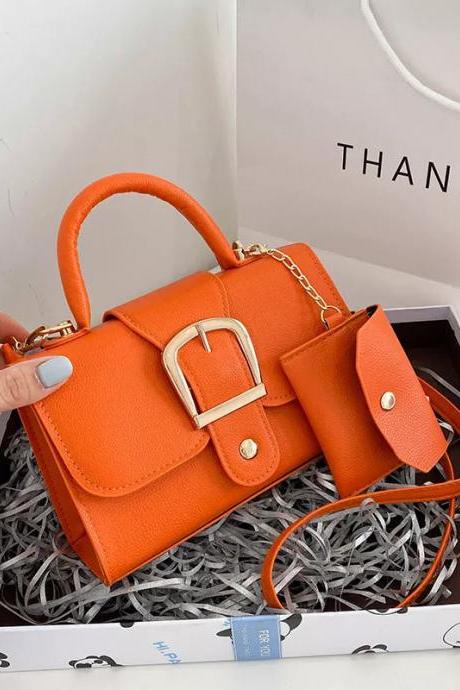 Elegant Orange Leather Handbag With Chain Strap