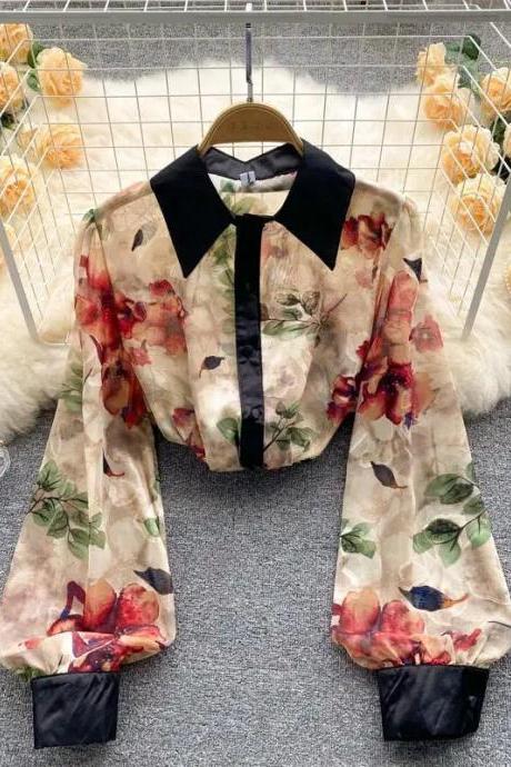Womens Floral Print Sheer Blouse With Contrast Collar
